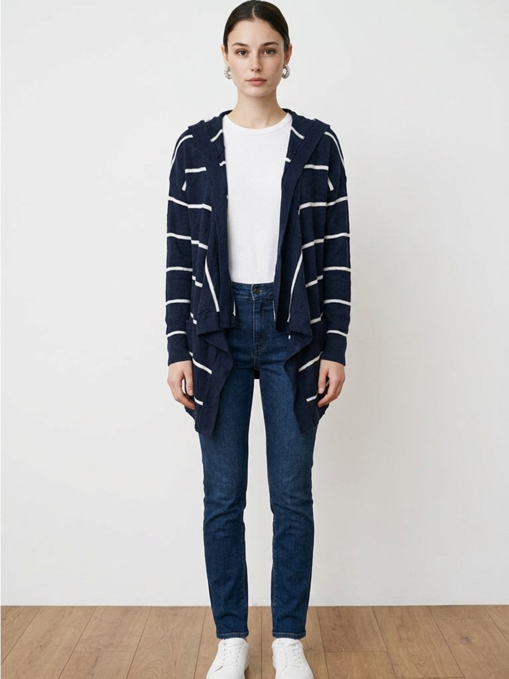 Maurices Navy and White Hooded Stripe Cardigan